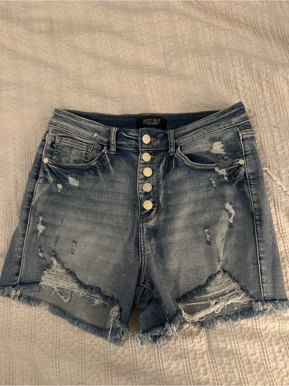 Judy Blue Button-Front Distressed Denim Shorts in Light Blue Wash